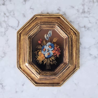 Vintage Made in Italy Small Elegant Floral Oil Painting with Gold Frame 