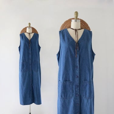 button front denim dress - l - vintage 90s y2k womens long maxi blue jean size large sleeveless sprint summer sun dress 