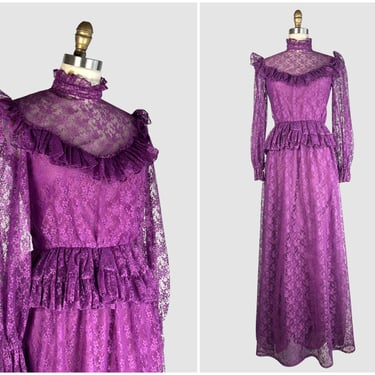 PRAIRIE TALE Vintage 70s Purple Chantilly Lace Dress | 1970s Granny Maxi | Boho Prairie Hippie Bohemian Cottagecore, Victorian Style | Small 