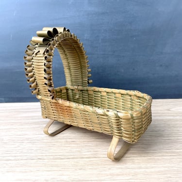 Wood splint miniature doll cradle - vintage basketry 