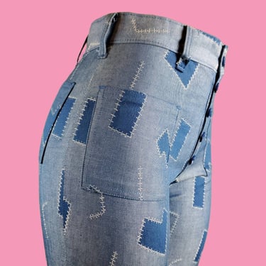 1960s mod patchwork pants. Denim look. Short. 29 x 27 