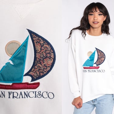 San Francisco Sweatshirt 90s Sailboat Sweatshirt White Nautical Tourist Shirt California Pullover Crewneck 1990s Graphic Vintage Large L 