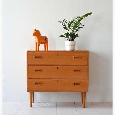 Vintage Scandinavian Oak Chest of Drawers with Carved Handles 