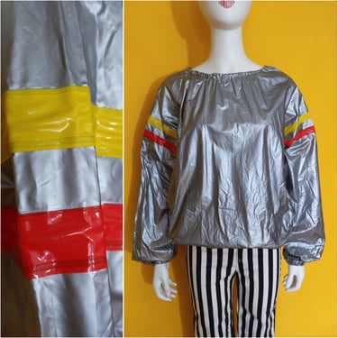 Rad Vintage 80s Gray Rain / Warm-Up Pullover Vinyl Jacket Top with Red Yellow Stripes 
