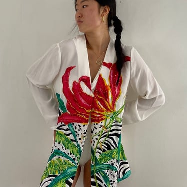 90s silk blouse / vintage white silk tropical tiger lily sequins embellished over shirt coverup tunic blouse | X Large 