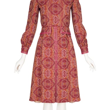 Geoffrey Beene 1960s Vintage Tapestry Print Burgundy Wool Dress & Scarf Set Sz XS 