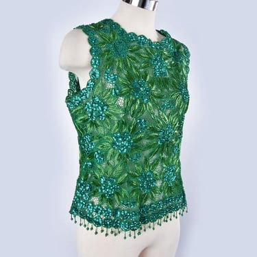 60's Fully BEADED & SEQUIN Top Evening Party Blouse Rich Green Vintage 1960's Sleeveless Cocktail Top Emerald Crochet Lace 1960's Vintage 