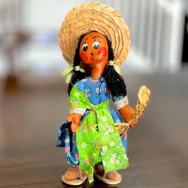 VINTAGE: 1940's - Mexican Oilcloth Doll - Handmade Doll - Mexican Folk Art - Hand Painted Dolls - SKU 