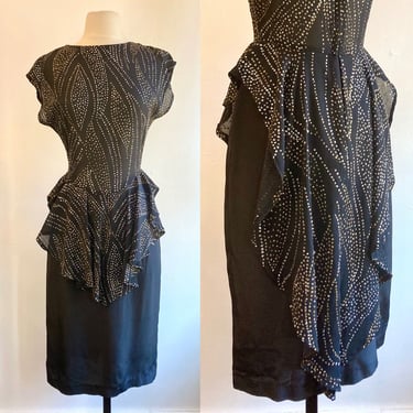 Sexy Vintage 80s Does 40s SHEER GLITTER Cocktail Party Dress / Extra LONG Back Peplum / Fabulous 