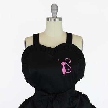 Retro Hot Pink Embroidered Cat Black Vintage Inspired Apron Hostess Gift For Her 