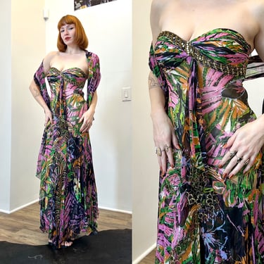 Vintage 2000s Dress / Y2K Diane Freis Dark Tropical Strapless Silk Dress / Black Pink Orange ( XS S ) 