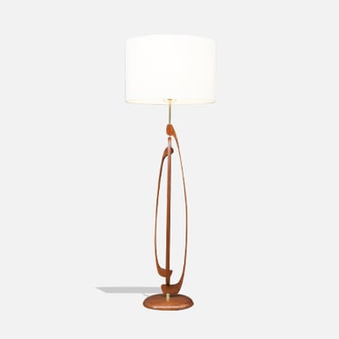 Mid-Century Modern Sculpted Walnut & Brass Floor Lamp