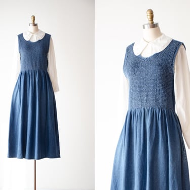 denim pinafore dress | 80s 90s vintage dark wash blue jean dark academia cottagecore smocked midi dress 