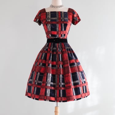 Rare 1960's James Galanos Silk Party Dress In Red & Black Plaid / Small