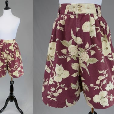 80s Banana Republic Floral Shorts - 28" High Waist - Pleated - Full Roomy Cut - All Cotton - Vintage 1980s 1990s - S 