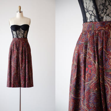 paisley midi skirt | 80s 90s vintage dark academia burgundy wool skirt 