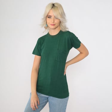 Vintage 70s T-Shirt Dark Green Faded Chest Pocket Tee Retro Plain TShirt Solid T Shirt Blank Basic Shirt Single Stitch 1990s Extra Small xs 