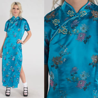 Blue Cheongsam Dress 90s Floral Maxi Dress Mandarin Collar Frog Button High Side Slit Asian Sheath Dress Short Sleeve Vintage 1990s Medium 