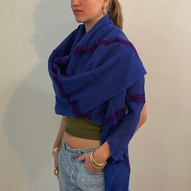 70s mohair handknit wrap scarf / vintage cobalt blue hand knit pom pom mohair large long wrap scarf shawl 