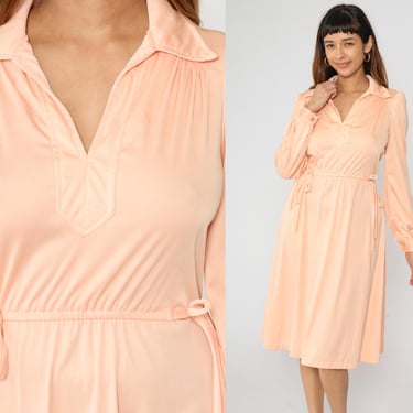 70s Peach Grecian Dress Midi Dress Long Puff Sleeve High Elastic Waist Collared V Neck Tie Side Secretary Disco Blouson Vintage 1970s Medium 