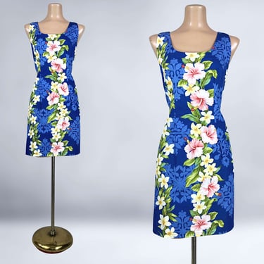 VINTAGE 80s 90s Blue Floral Hawaiian Mini Sheath Dress Sz Large By TY | 1980s 1990s Tropical Hibiscus Tiki Dress | VFG 