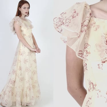 Vintage 70s Floral Prairie Wedding Dress Chiffon Ruffle Gown Off Shoulder Maxi 