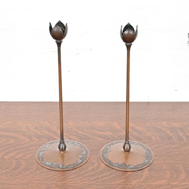 Heintz Arts & Crafts Sterling Silver on Bronze Candlesticks, Pair