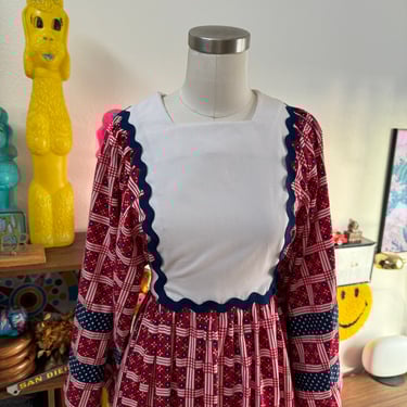 Vintage 70s Americana Western Folk Dress Angel Puff Sleeves; 60s Americana Bohemian Maxi Dress Gingham and Daisies; Square Dancing Dress S 