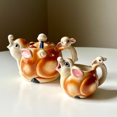 Vintage 1960s Ceramic Deer Teapot and Creamer Set, Cottagecore Ceramic Teapot, Cottagecore Ceramic Home Decor 