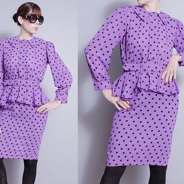 Vintage 1980's | Purple | Black Polka Dot | Peplum | Dress | S 
