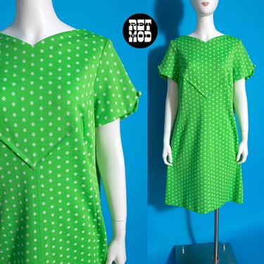 Plus Size - Mod Dream Vintage 60s 70s Lime Green & White Polka Dot Mod Shift Dress 