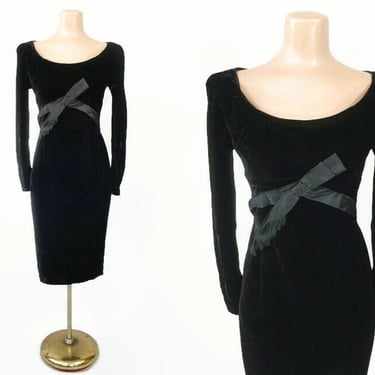 VINTAGE 50s Hourglass Black Velvet Wiggle Dress with Bow | 1950s Bombshell Cocktail Dress | Long Sleeve Party Dress | vfg 