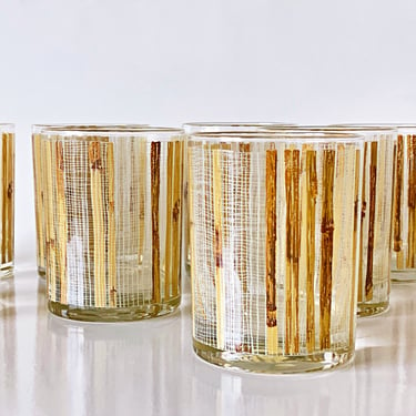 Vintage glassware by Cera, 4 Rocks glasses in a gold Bamboo design. Lowball glasses sized for Old fashioned cocktails, Boho home bar decor 