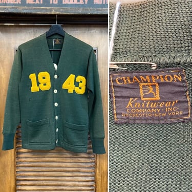 Vintage 1940’s “Champion” Label Wool Athletic Cardigan Sweater, 40’s Knit Sweater, 40’s Sportswear, Vintage Clothing 