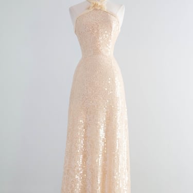 Stunning 1990's Shimmering Sequined Lace & Silk Chiffon Evening Gown / SM