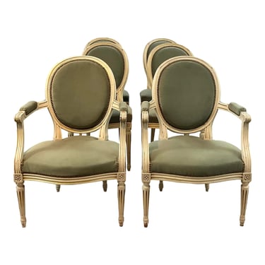 Antique French Sage Green Velvet Dining Chairs Set of Six