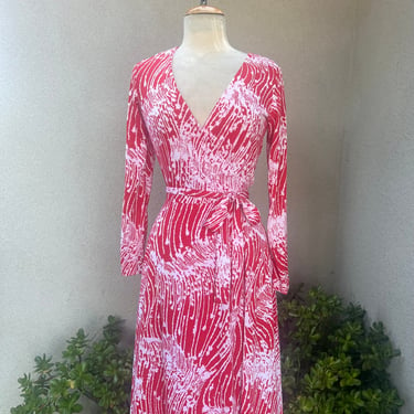 Vintage 80s wrap dress red white floral Jersey Diane Von Furstenberg pattern Small 