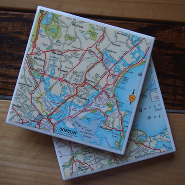 1963 Boston Massachusetts Map Coasters Set of 2. Vintage Boston Map. Vintage Massachusetts Coasters. Logan Airport. East Coast Map City Gift 
