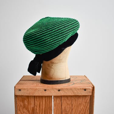 Vintage Green & Black Striped Beret 