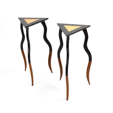 Postmodern Pair Custom Made Triangular Side Dancing Tables by Bob Trotman 