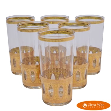 Set of 6 Culver Antigua Highballs With 22 K Gold