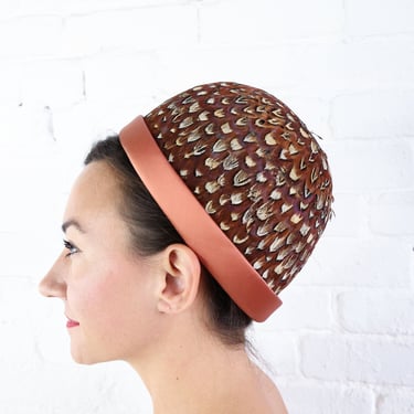 1950s Brown Quail Feather Hat | 50s Brown Feather High Crown Hat 