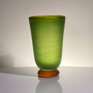Large Franco Moretti Scavo handblown glass vase in acid green and amber 