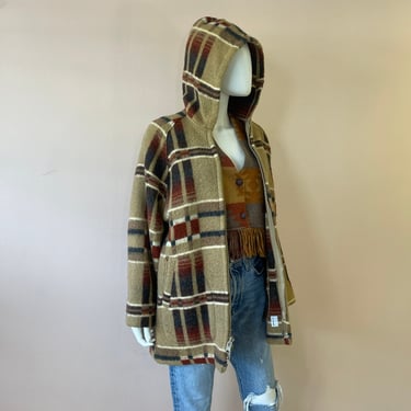 Vintage 70s 80s Plaid Norm Thompson Wool Zip Up Hooded Jacket blanket coat 