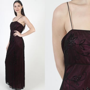 Brilliante By J.A. Dress, Black Beaded Gown, Thin Spaghetti Straps, Y2K High Waist Prom, Size S 