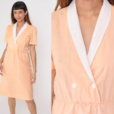 Peach Wrap Dress 80s Midi Double Breasted Button Up Dress V Neck High Waist Secretary Short Sleeve 1980s Vintage Collared Day Dress Medium 