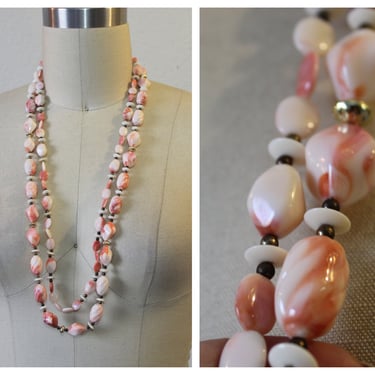 Vintage 1960s 60s Pink and White Swirl Lucite Two Strand Long Necklace / 32 inches 