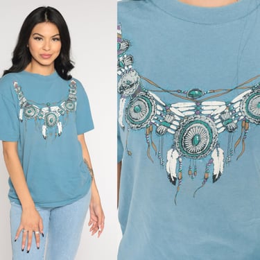 Southwestern Shirt 90s Native Necklace T-Shirt Western Beads Feather Graphic Tee Single Stitch Blue Vintage 1990s Cotton Medium M 