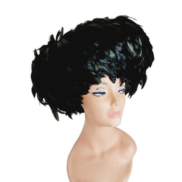 Vintage 60s Black Feather Hat Oversized Phyllis Diller Style 