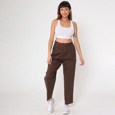 Vintage Brown Pleated Trousers 90s Lee Cotton Slacks High Waisted Pants Retro Tapered Leg Slacks Casual 1990s Medium Petite 